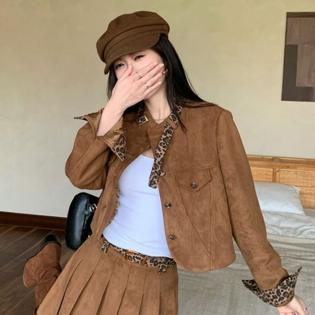 Leopard Print Faux Suede Button Jacket / Pleated Mini A-Line Skirt with Belt