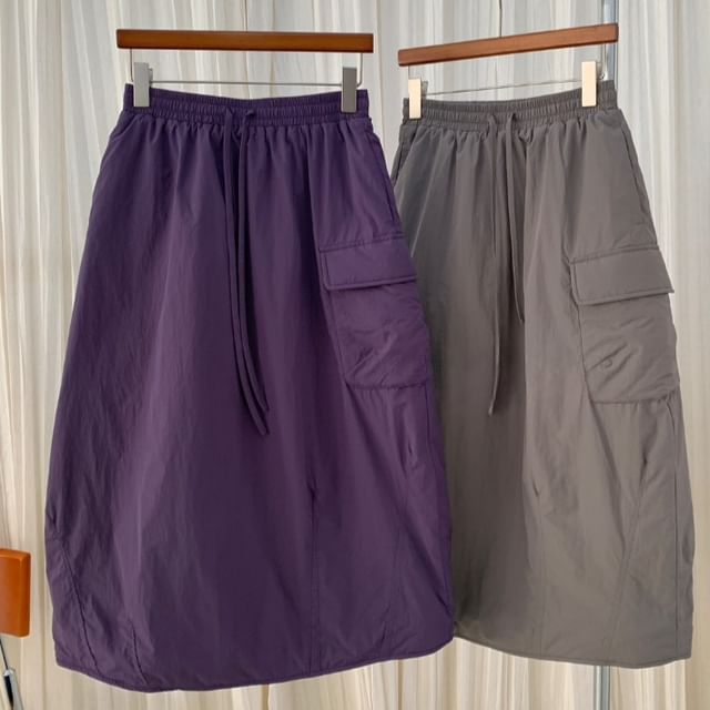 Drawstring Waist Padded Cargo Midi A-Line Skirt