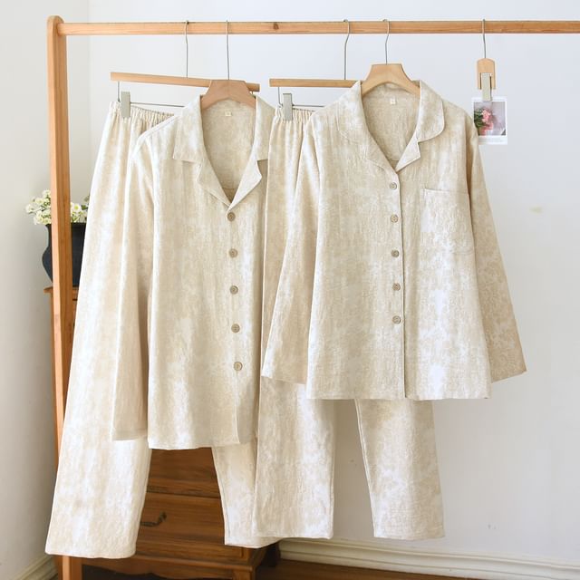 Couple Matching Pajama Set: Long Sleeve Collared Jacquard Shirt + Elastic Waist Straight Leg Pants (Various Designs)