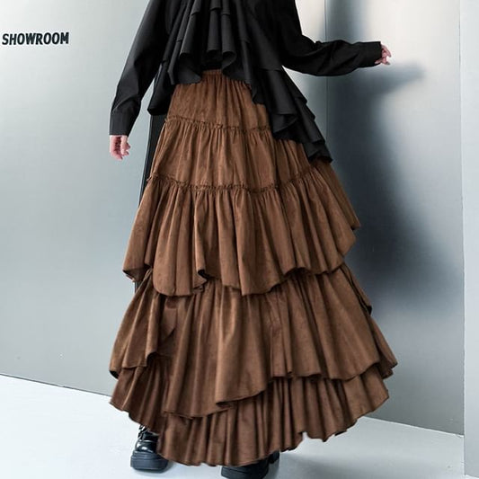 High Rise Asymmetrical Ruched Slit Maxi A-Line Skirt