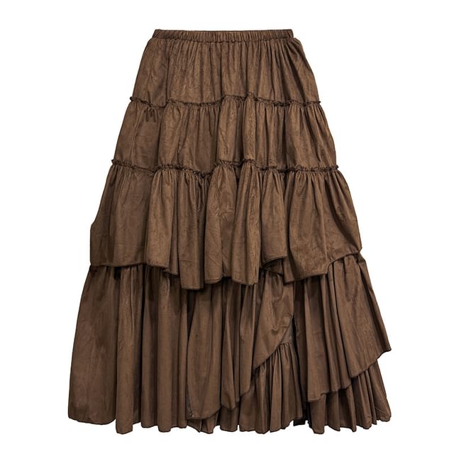 High Rise Asymmetrical Ruched Slit Maxi A-Line Skirt