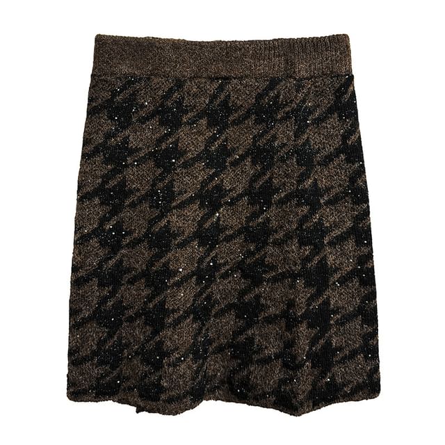 Crew Neck Houndstooth Oversized Sweater / High Rise Knit Mini Pencil Skirt