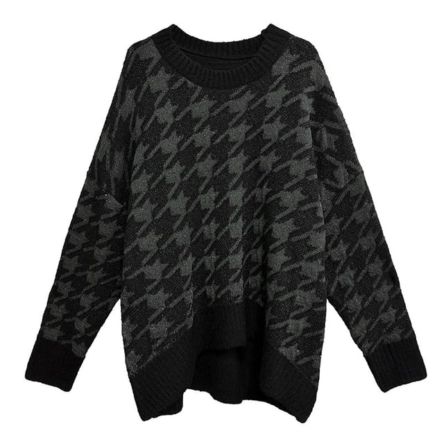 Crew Neck Houndstooth Oversized Sweater / High Rise Knit Mini Pencil Skirt