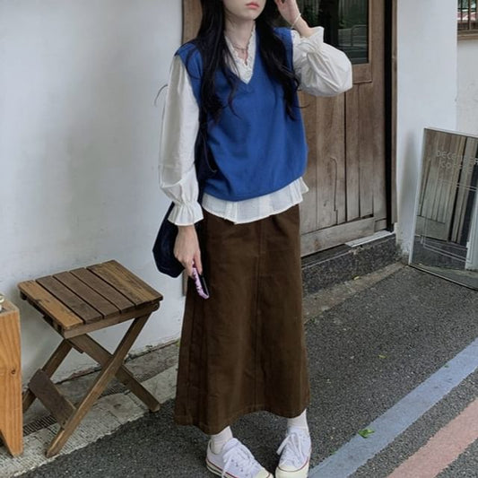 Puff-Sleeve V-Neck Blouse / Sweater Vest / High Waist Maxi Straight Skirt