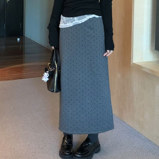 High Waist Dotted Maxi Pencil Skirt