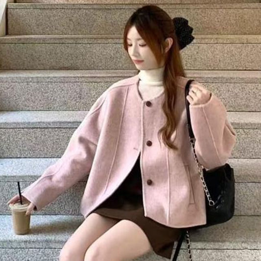 Round Neck Single-Breasted Jacket / High Waist Mini A-Line Skirt