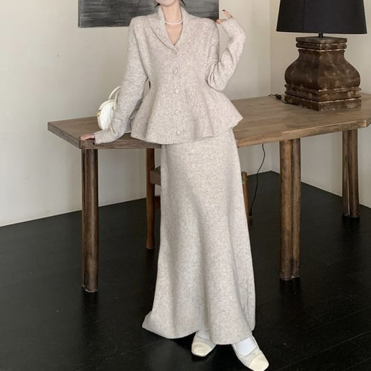 V-Neck Peplum Single-Breasted Jacket / High Waist Maxi A-Line Skirt