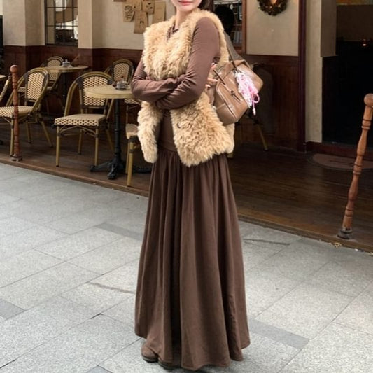 Faux Fur Vest / Long-Sleeve T-Shirt / High Waist Maxi A-Line Skirt