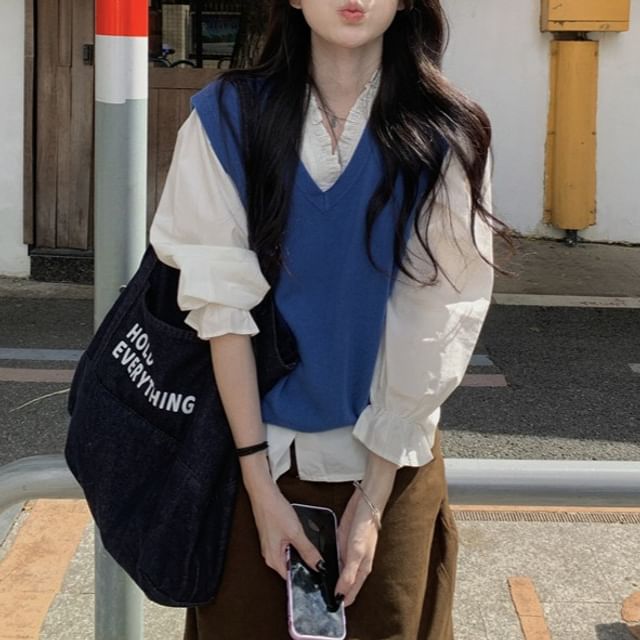 Puff-Sleeve V-Neck Blouse / Sweater Vest / High Waist Maxi Straight Skirt