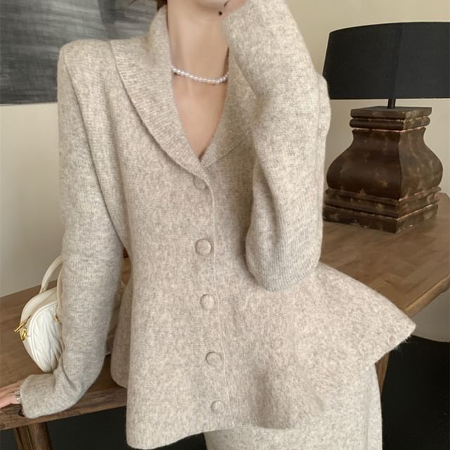 V-Neck Peplum Single-Breasted Jacket / High Waist Maxi A-Line Skirt