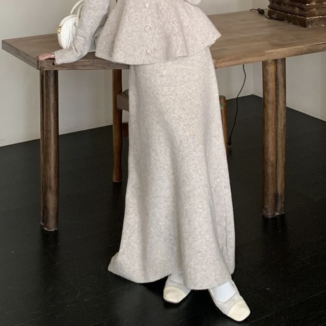 V-Neck Peplum Single-Breasted Jacket / High Waist Maxi A-Line Skirt