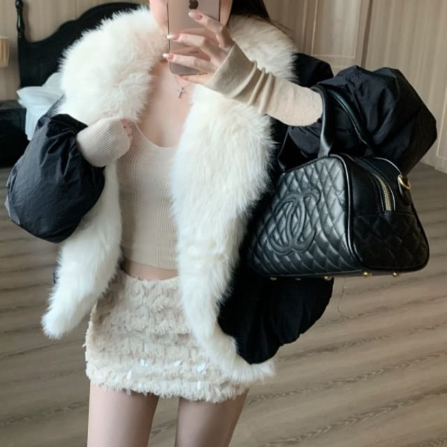 V-Neck Knit Cropped Cami / Two Tone Fluffy Trim Jacket / Mid Rise Mini Pencil Skirt