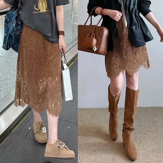Lace A-Line Skirt with Plain High Rise Waist