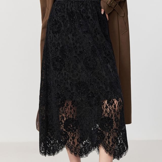 Lace A-Line Skirt with Plain High Rise Waist
