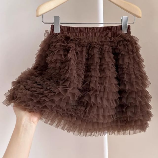 Tiered Mesh Mini A-Line Skirt, High Rise