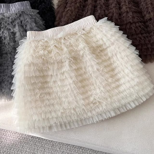 Tiered Mesh Mini A-Line Skirt, High Rise