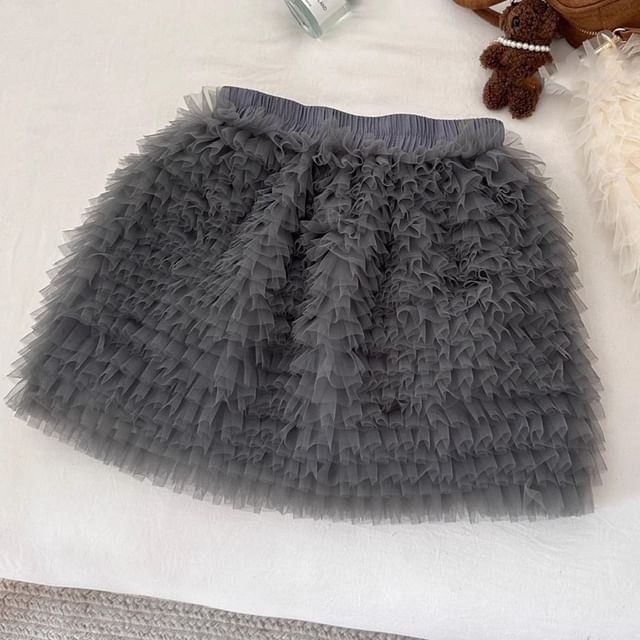 Tiered Mesh Mini A-Line Skirt, High Rise