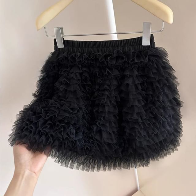 Tiered Mesh Mini A-Line Skirt, High Rise