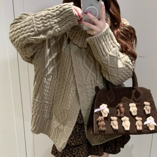 Leopard Mini Skirt & Cable Knit Cardigan Set