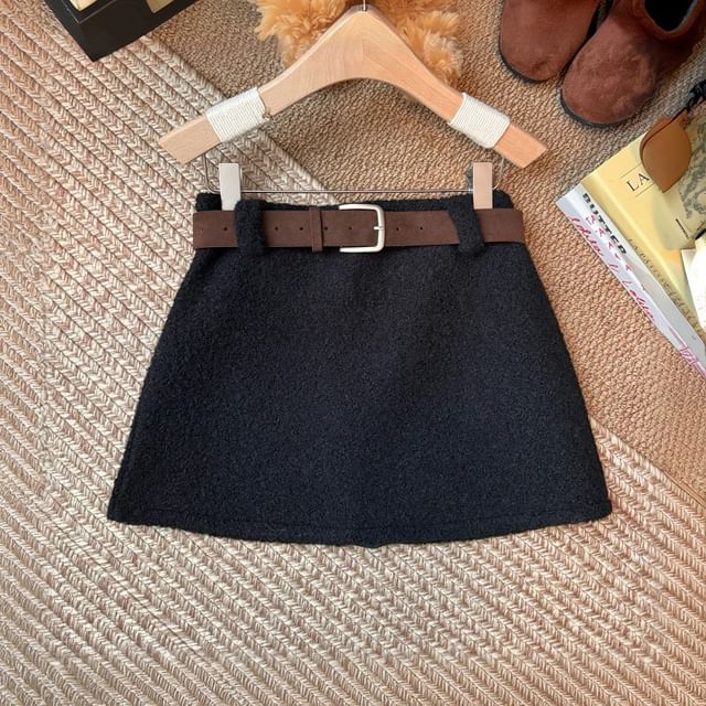 Faux Shearling Mini Skirt & Suede Belt Set