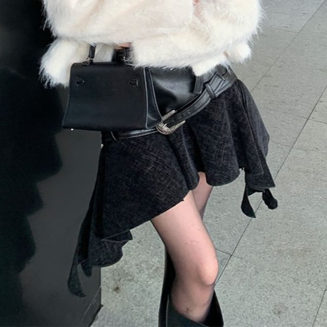 Fluffy Jacket & Asymmetrical Mini Skirt with Belt Set