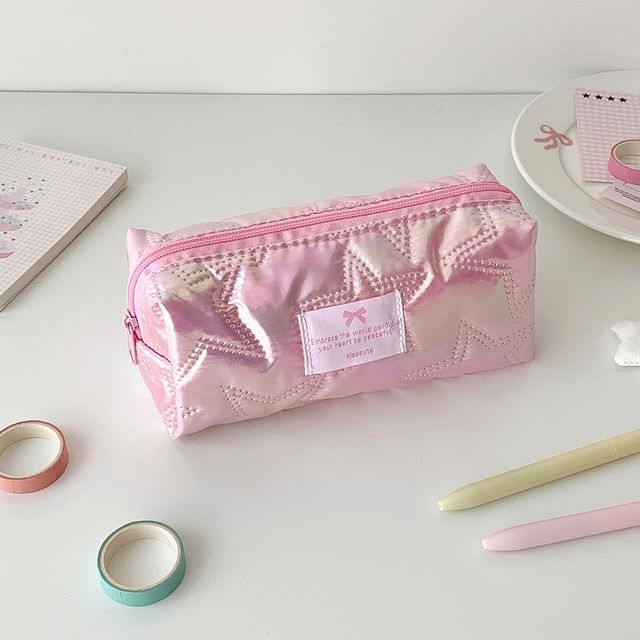 Bow Applique Star Quilted Fabric Makeup Bag