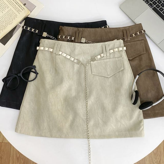 High Rise Faux Leather Mini A-Line Skirt with Chain Belt