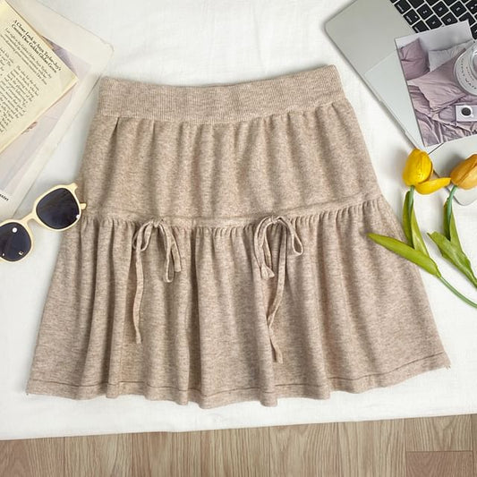 High Waist Drawstring Mini A-Line Knit Skirt
