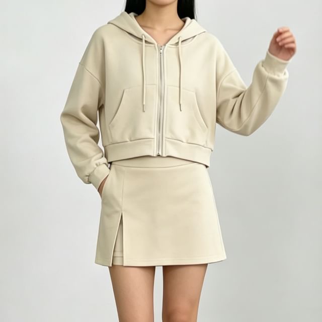 Zip Hoodie & High Rise Slit Mini A-Line Skirt Set