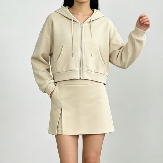 Zip Hoodie & High Rise Slit Mini A-Line Skirt Set
