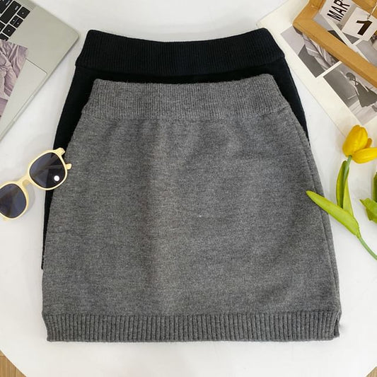 High Waist Plain Mini Knit Skirt