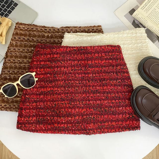 High Rise Tweed Sequined Mini Pencil Skirt