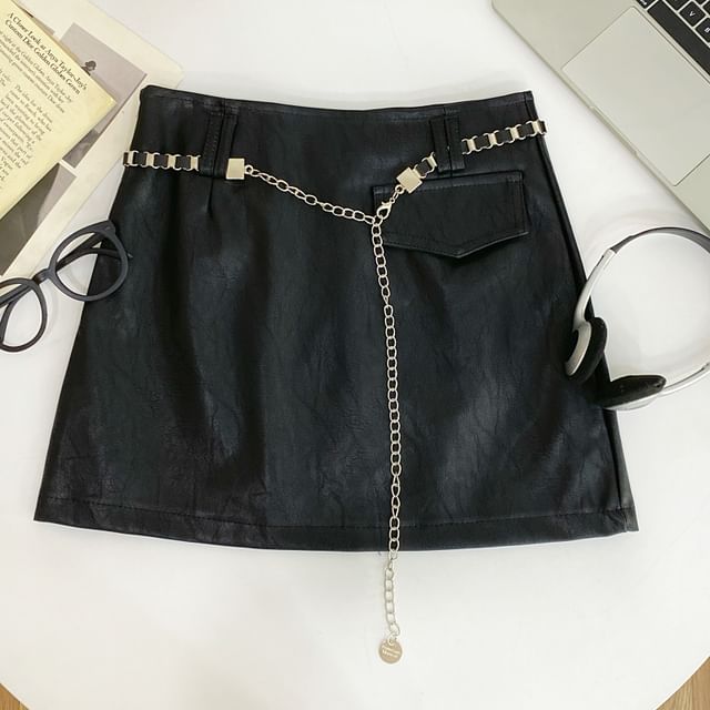 High Rise Faux Leather Mini A-Line Skirt with Chain Belt