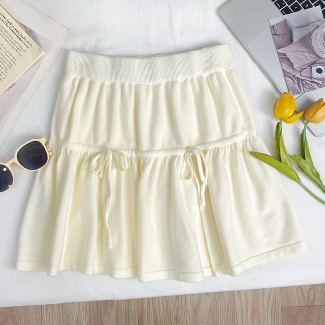 High Waist Drawstring Mini A-Line Knit Skirt