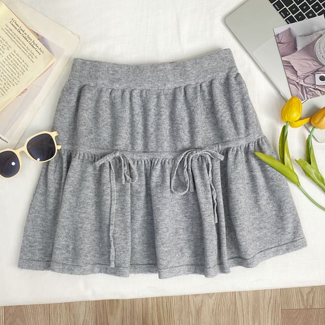 High Waist Drawstring Mini A-Line Knit Skirt