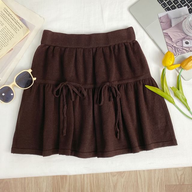 High Waist Drawstring Mini A-Line Knit Skirt