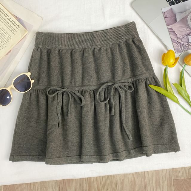 High Waist Drawstring Mini A-Line Knit Skirt