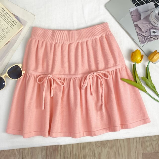 High Waist Drawstring Mini A-Line Knit Skirt
