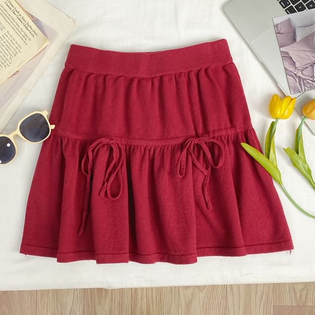 High Waist Drawstring Mini A-Line Knit Skirt