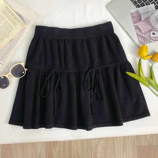 High Waist Drawstring Mini A-Line Knit Skirt