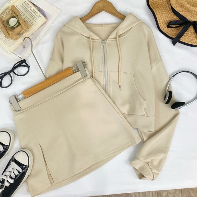 Zip Hoodie & High Rise Slit Mini A-Line Skirt Set