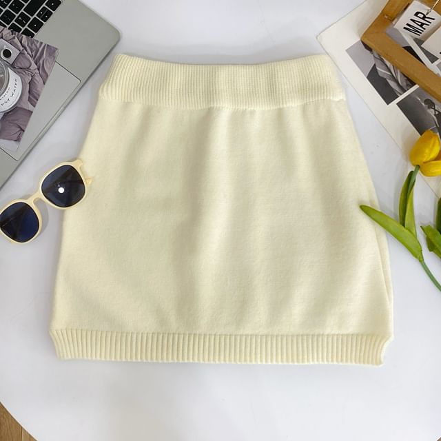 High Waist Plain Mini Knit Skirt