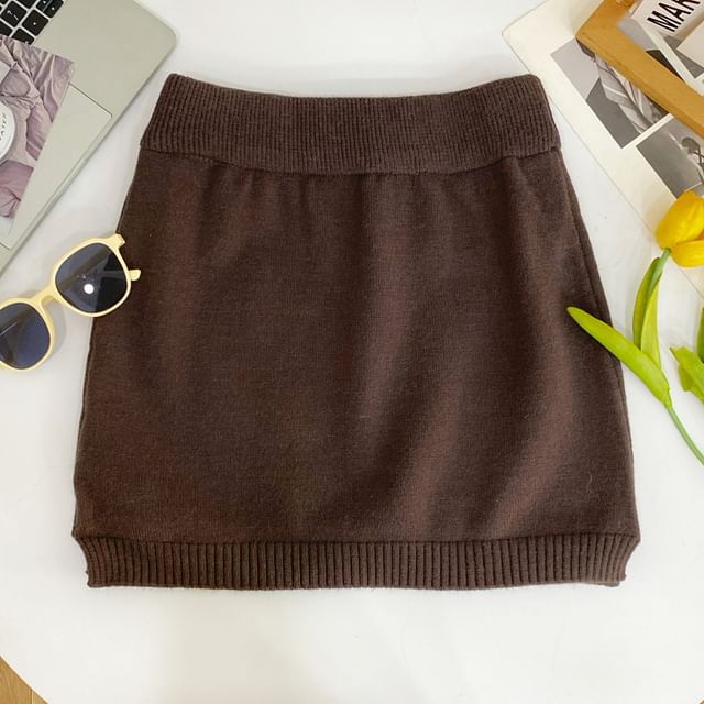 High Waist Plain Mini Knit Skirt