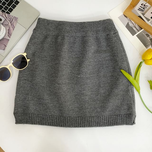 High Waist Plain Mini Knit Skirt