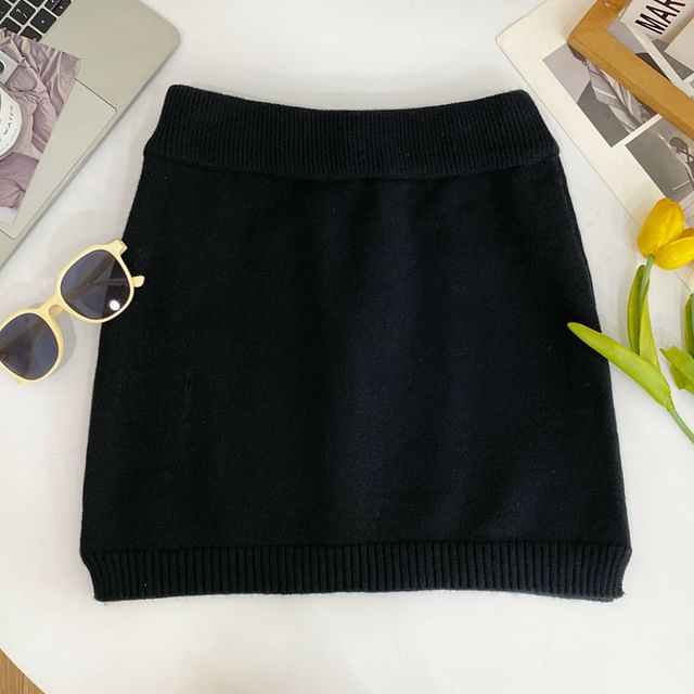 High Waist Plain Mini Knit Skirt