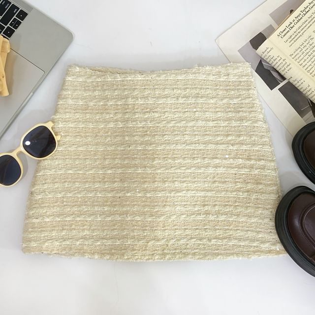 High Rise Tweed Sequined Mini Pencil Skirt