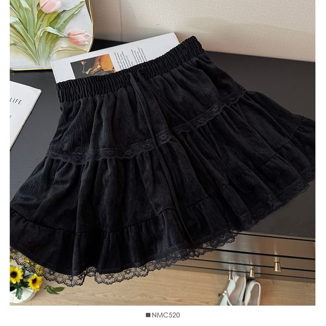 High Waist Drawstring Lace Panel Mini Skirt