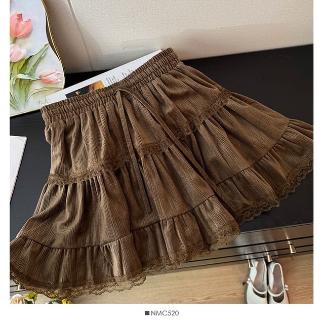 High Waist Drawstring Lace Panel Mini Skirt