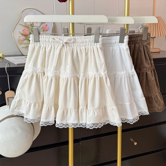 High Waist Drawstring Lace Panel Mini Skirt