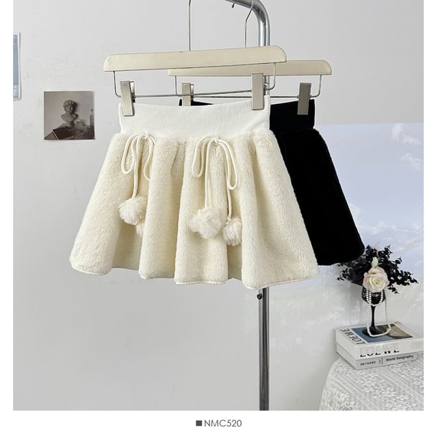 High Waist Pom Pom Fleece Mini A-Line Skirt
